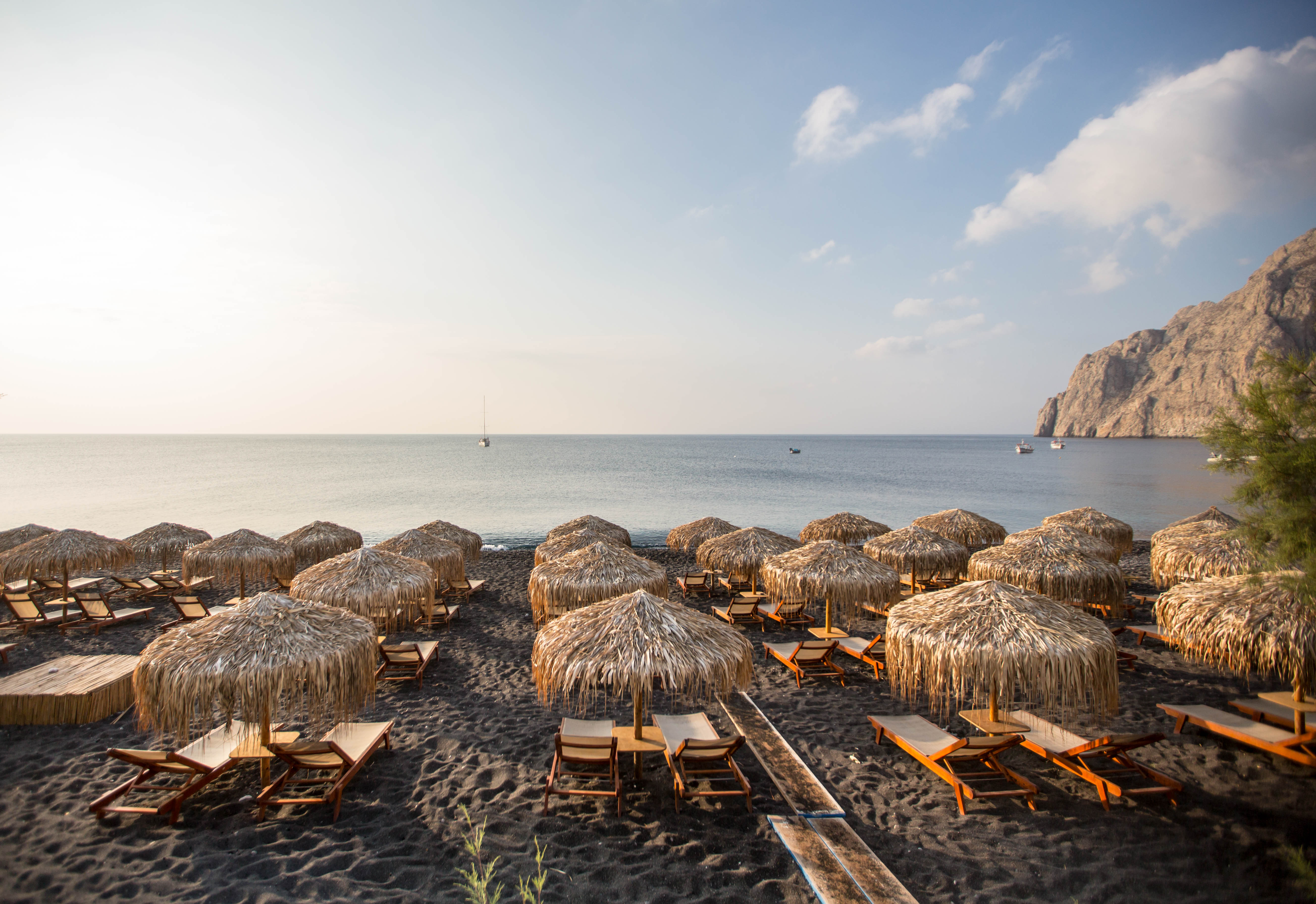 Beach sunbeds and umbrellas